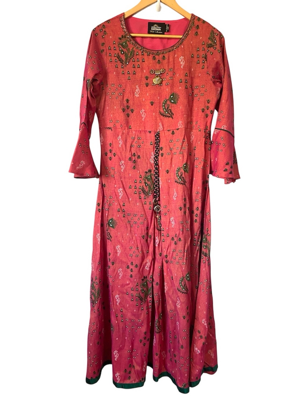 Boho Bell-Sleeve Maxi Dress in Coral Pink Anarkali-style kurta or long frock